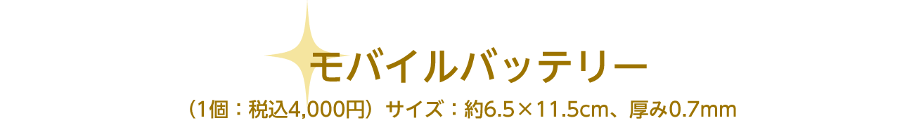 モバイルバッテリー　（1個：税込4,000円）サイズ：約6.5×11.5cm、厚み0.7mm